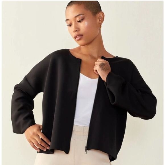 ADAY Black Scuba Stretch Waste Not Collarless Jacket zip up fall thick Size L - Picture 3 of 11